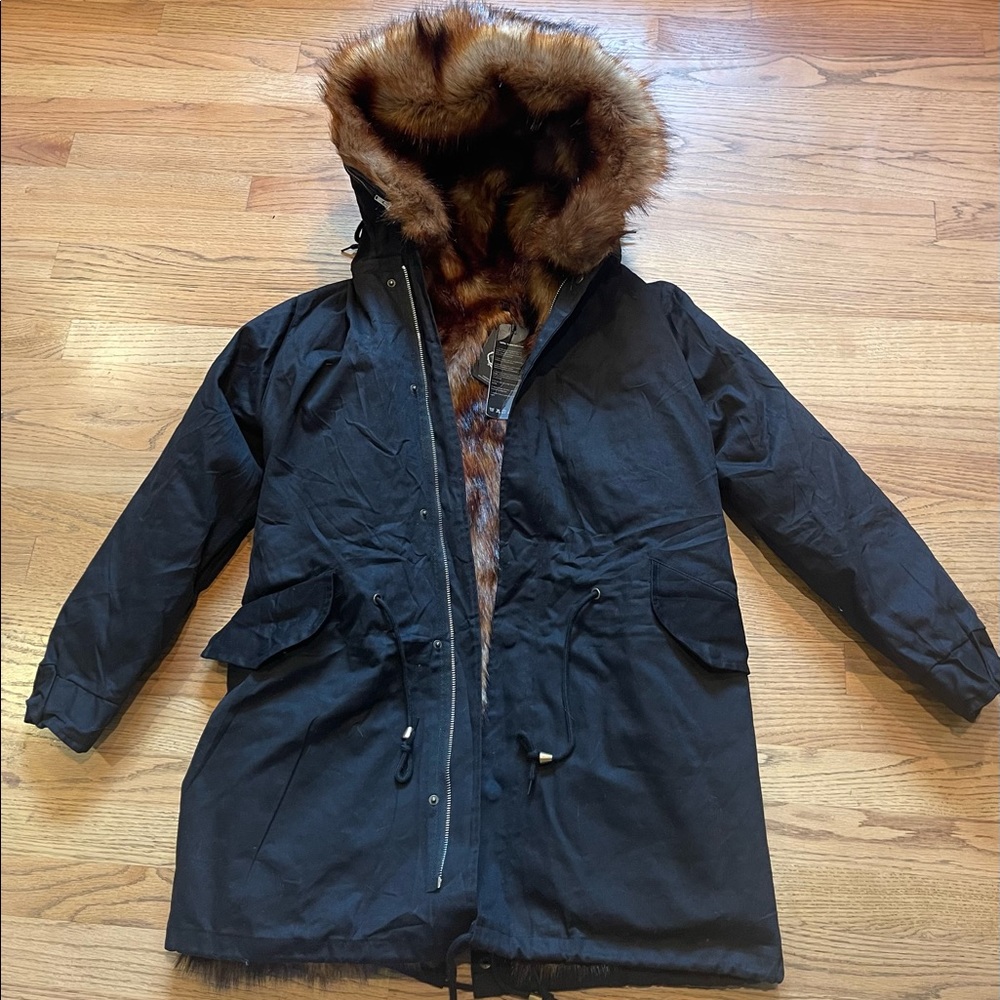 Dark Brown Faux FurFox with Fur Hooded Canvas Coat(JCKT042BR)